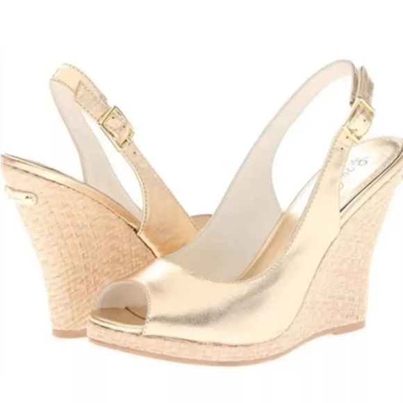 Lilly Pulitzer Shoes Lilly Pulitzer Kristin Metallic Gold Slingback Rattan Straw Wedge